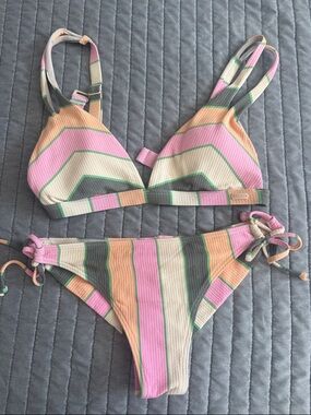 Roxy Striped Bikini Set in Pink, Peach, Cream & Green